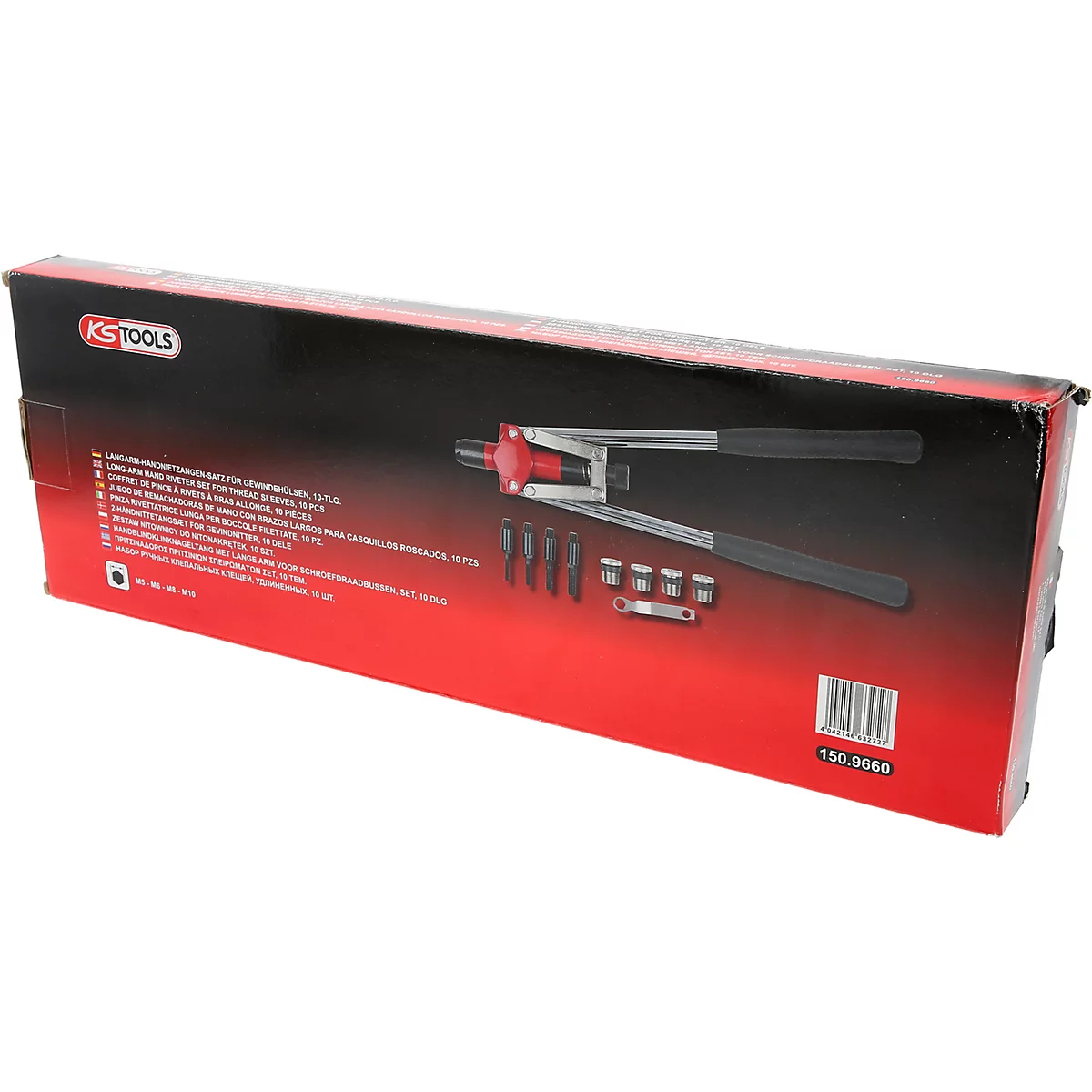 Ein roter und schwarzer Nietzangen-Satz in der Verpackung. Auf der Verpackung steht 'KS TOOLS' und eine Produktnummer.